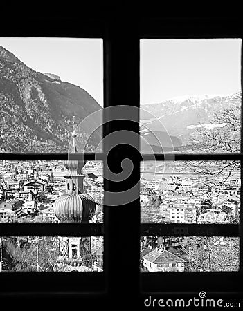 Chiesa di Santa Caterina church window view, Bruneck, Italy Stock Photo