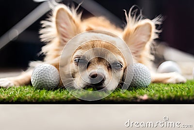 Chihuahua dog brown color sleeping next to golf ball on green gr Stock Photo