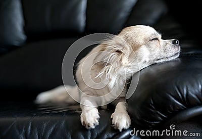 Chihuahua dog dozing on black leather sofa Stock Photo