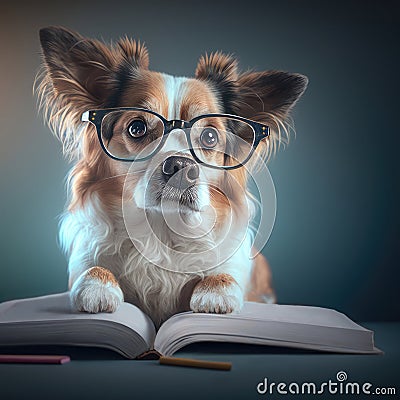 Chihuahua dog reading book activity. Chihuahua cute dog breed reading school book Stock Photo