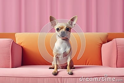 Chihuahua dog sits on pink couch, cute pet waiting on sofa in room, generative AI Stock Photo