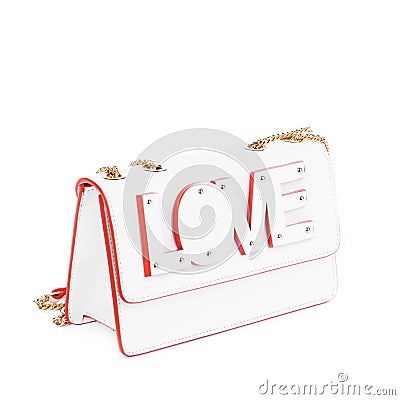 Chik female bag from white leather with red trim and a gold shoulder chain, decorated with the cut-out word 