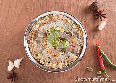 Chiken biryani on wooden bakground Stock Photo