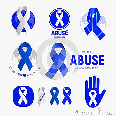 Child abuse awareness icon set, blue ribbon collection, domestic violence campaign symbol, children problem emblem Vector Illustration