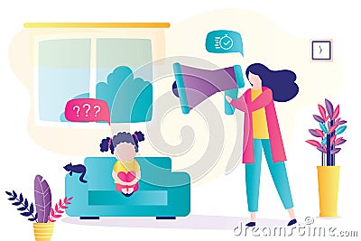 Child abuse. Parent abusing kid, mother shouts in loudspeaker to unhappy daughter. Family problems concept Vector Illustration