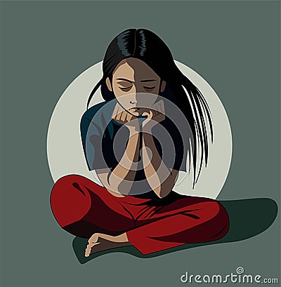 Child abuse, social problems, bullying, little girl with crossed legs crying helpless Vector Illustration