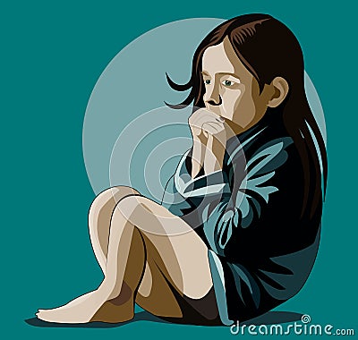 Child abuse, social problems, bullying, little girl with crossed legs crying helpless Vector Illustration