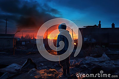 A child alone in a war or crisis area. Stock Photo