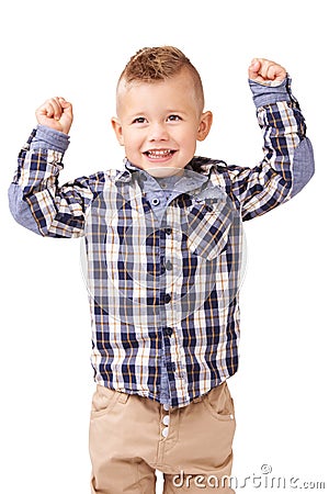 Child, arms and strong confidence or flexing for future muscle development, white background or studio. Boy, kid and Stock Photo