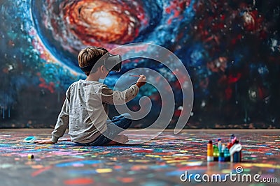 A child artist paints while wearing a virtual reality headset. Stock Photo