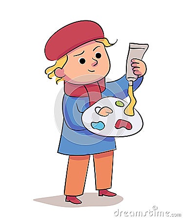 Child artist putting paint on palette on white Stock Photo