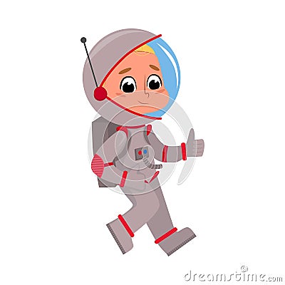 Child Astronaut Character in Outer Space Suit Showing Thumbs up, Boy Dreaming of Becoming an Astronaut Cartoon Style Vector Illustration