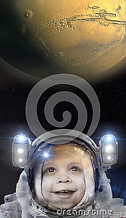 Child astronaut and the planet Mars Cartoon Illustration