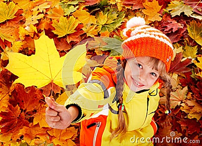 Child in autumn orange leaves. Stock Photo