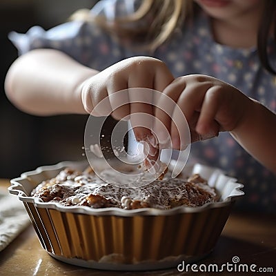 Child bakes delicious cookies, pie, cooking, helping parents Stock Photo