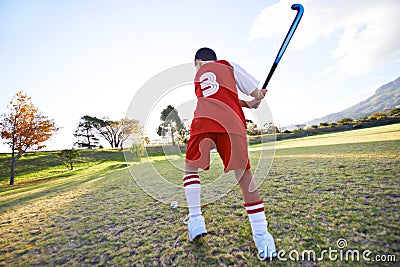 Child, ball and hockey on green grass for game, sports or outdoor practice match in nature. Rear view of young kid or Stock Photo