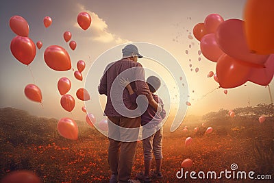 Child balloons field. Generate Ai Stock Photo