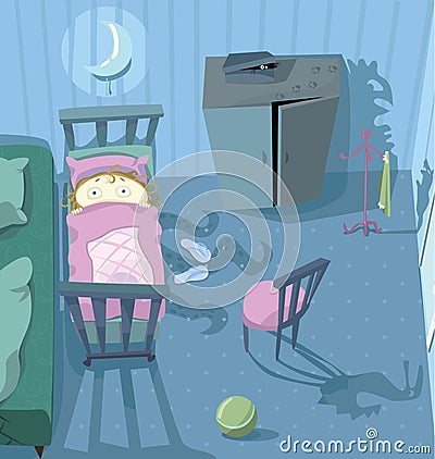 Child in the bed, afraid of darkness Vector Illustration