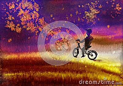 Child on bicycle at the edge of the milky way Stock Photo