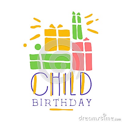 Child birthday promo sign. Childrens party colorful hand drawn vector Illustration Vector Illustration