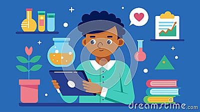 A child blogger delves into the world of science conducting fun experiments and sharing informative posts on various Vector Illustration