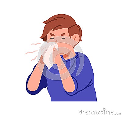 Child blowing nose with handkerchief in hands. Ill sick kid sneezing from cold, flu. Unhealthy little boy with allergy Vector Illustration