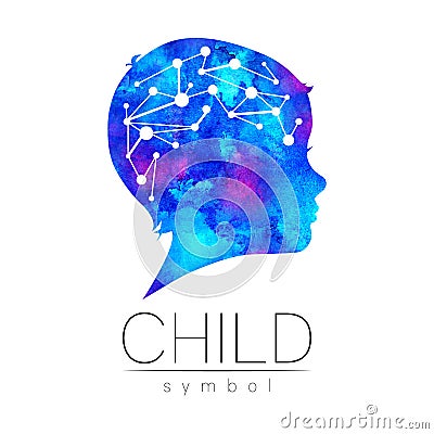 Child blue logotype. Silhouette profile human head with brain. Concept logo for people, children, autism, kids, therapy Stock Photo