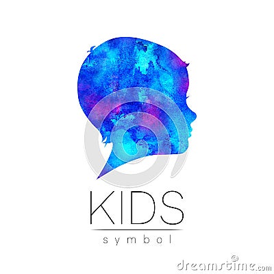 Child blue logotype. Silhouette profile human head. Concept logo for people, children, autism, kids, therapy, clinic Stock Photo