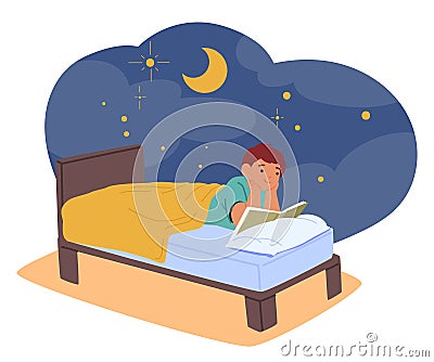 Child Boy Character Engrossed In A Book, Nestled In Bed, Captivated By Words That Transport Him To Magical Realms Vector Illustration