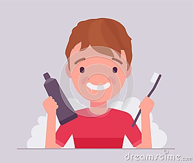 Child boy keeps teeth clean by brushing, holding toothpaste, toothbrush Vector Illustration
