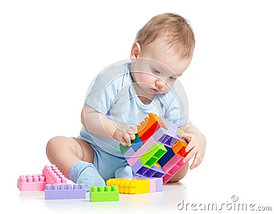 Child boy playing block toy Stock Photo