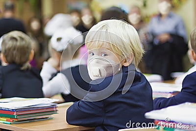 Child boy student in protective mask, back to school Stock Photo