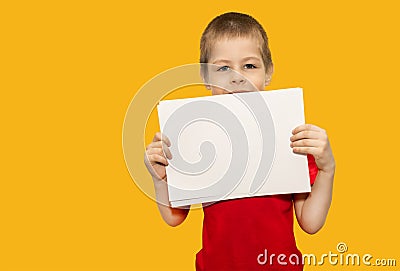 A child, a boy 5 years old, in a red T-shirt, holds sheets of paper on a yellow background Stock Photo
