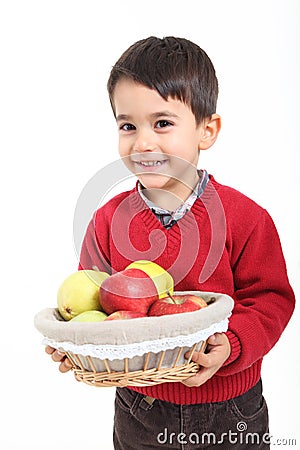 Child bring basket fruit Stock Photo