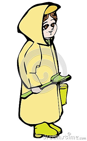 Vector child in a yellow raincoat with green shovel and bucket Vector Illustration