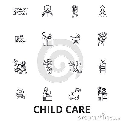 Child care, babysitter, preschool, nanny, nursery, kids playing, daycare center line icons. Editable strokes. Flat Vector Illustration