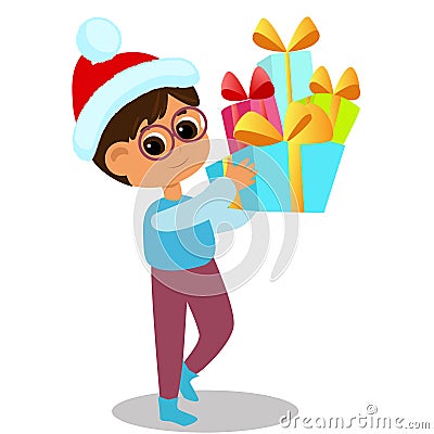 The child carries many gifts tied with ribbons. The child is happy and smiling. Character design. Vector Illustration
