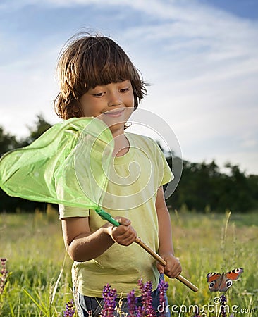 Child catches a butterfly Stock Photo