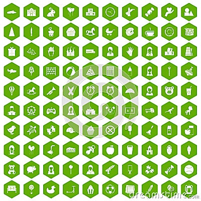 100 child center icons hexagon green Vector Illustration