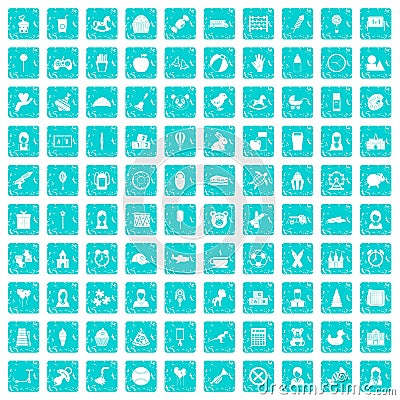 100 child center icons set grunge blue Vector Illustration