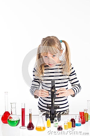 Child in chemistry class, chemistry lesson Stock Photo