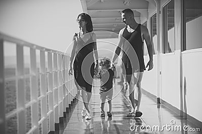 Child Childhood Children Happiness Concept. Family travelling on cruise ship on sunny day. Family rest concept. Father Stock Photo