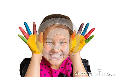 Child with colorful painted palms and hands with color paints. Stock Photo