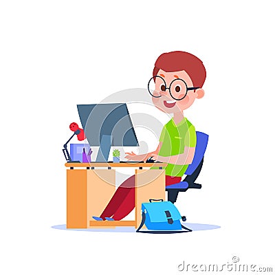 Child at computer. Cartoon boy learning at desk with laptop. Student studying code vector concept Vector Illustration