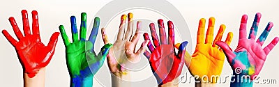 child concept colorful art hand smile finger artist paint fun. Generative AI. Stock Photo