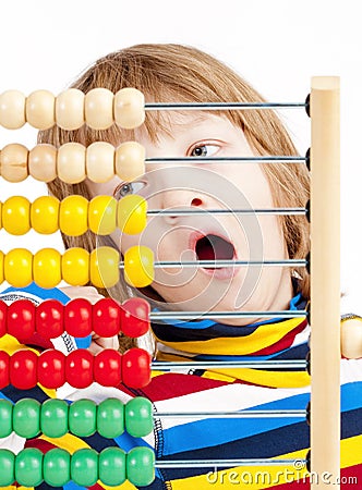 Child Counting on Colorful Wooden Abacus Stock Photo