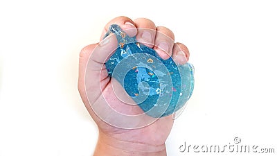 The blue slime in child hand Stock Photo