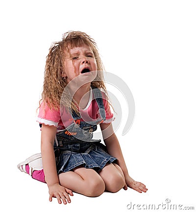 Child cry sit on white - isolated
