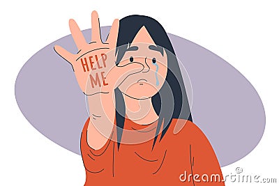 Child crying and showing hand with help me words Vector Illustration