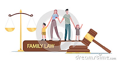 Child Custody, Alimony Concept. Tiny Parents and Children Characters in Judge Courthouse Huge Gavel, Scales, Family Law Vector Illustration